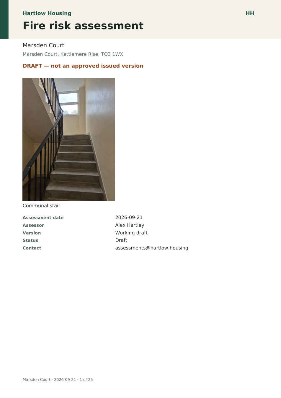 Cover of a FRAwrite example fire risk assessment for Marsden Court, a fictional demonstration premises. The page shows a communal staircase photograph, Hartlow Housing branding, the premises address and the assessor details.
