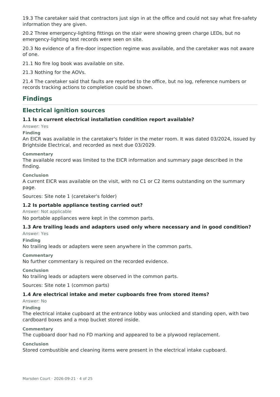 Findings page from the same FRAwrite example report for Marsden Court, with drafted answers, linked site notes and conclusions for electrical ignition sources.